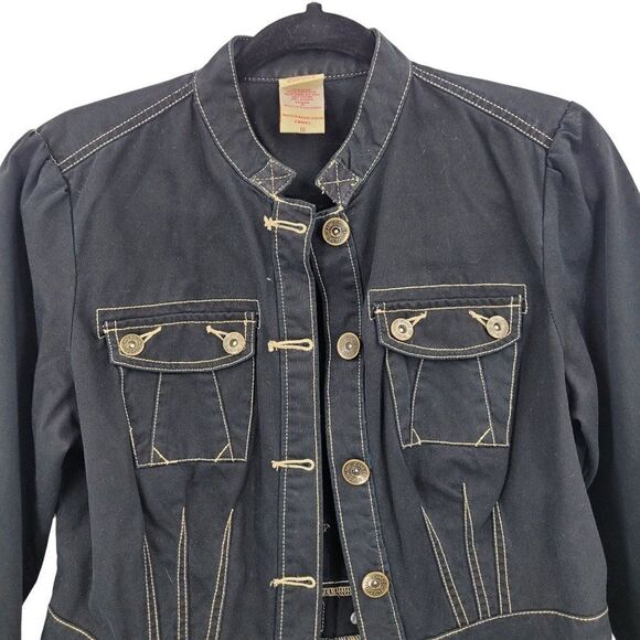 Vintage 80s Faded Glory Black Denim Band Jacket M Contrast Stitching Steampunk - Picture 4 of 12